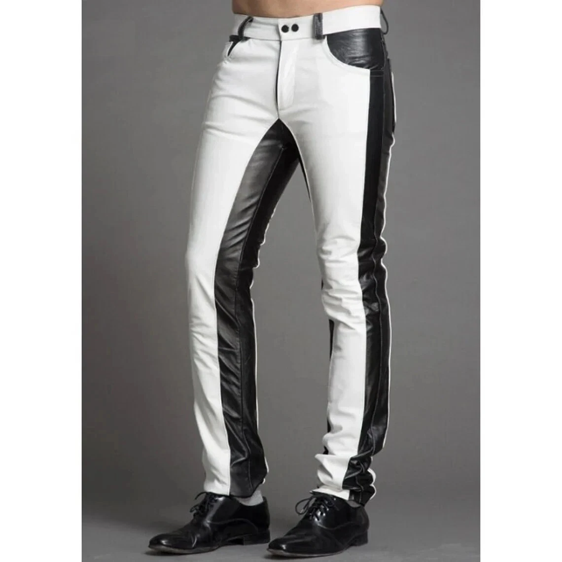 Men's Black & White Leather Pant Real Sheepskin Causal Slim Fit Moto Biker Pant