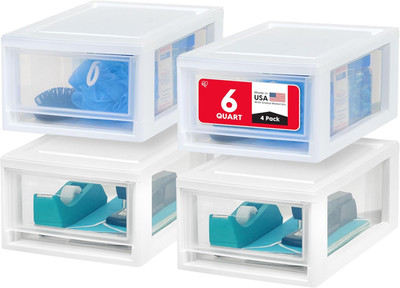 IRIS USA 6 Qt. Plastic Drawer Storage Organizer Stacking Drawers, 4-Pack