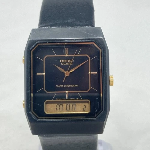 Vtg Seiko Watch Men Gold Tone Black Analog Digital H449-5339 Alarm New Battery