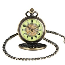 Classic Mechanical Black Steampunk Skeleton Pocket Watch with Chain For Men