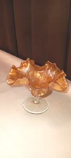VTG Fenton Carnival Glass Compote Marigold Holly & Berry 4”H Iridescent Footed