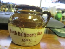North Baltimore Ohio 1903 Souvenir miniature stoneware Bean Pot w/ lid RARE form