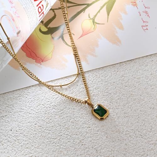 Gold Layered Necklace Emerald Green Necklace for Women Tiny Birthstone Pendant - Picture 5 of 8