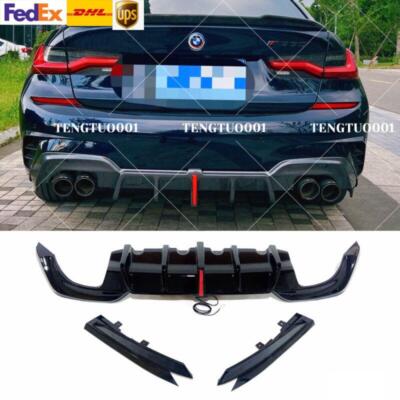3PC For 19-21 BMW G20 M340i M Performance Rear Bumper Lip Diffuser Gloss Black
