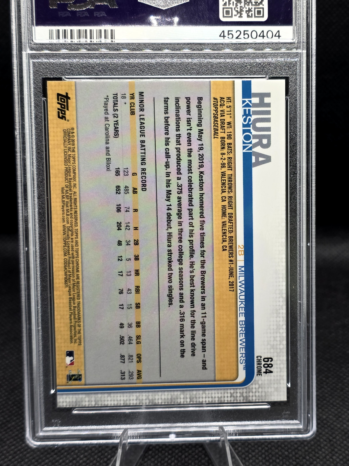 2019 Topps Chrome Sapphire #684 Keston Hiura PSA 10 GEM MT Rookie RC view 4