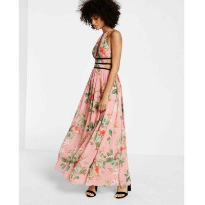 Express Coral Pink Strappy Tropical Floral Print Cut Out Maxi 