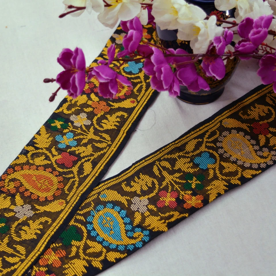 Vintage Preto Saree Borda Bordada à Mão Sari Borda Artesanato Indiano Acabamento Renda - Imagem 4 de 4