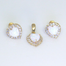 14K Solid Yellow Gold Lab-Created Fire Opal CZ Pendant Screw Back Earrings Set