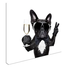 Champagne drinking Dog Cool  Canvas Wall Art Picture Print