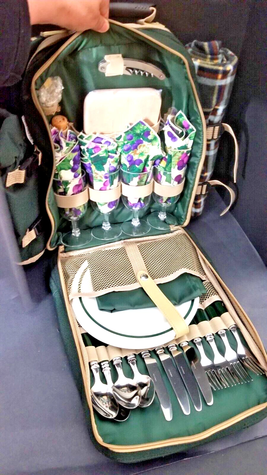 Picnic Backpack, Green, Setting for 4 People with Cooler Pack. 16 x 16 x 8. New.