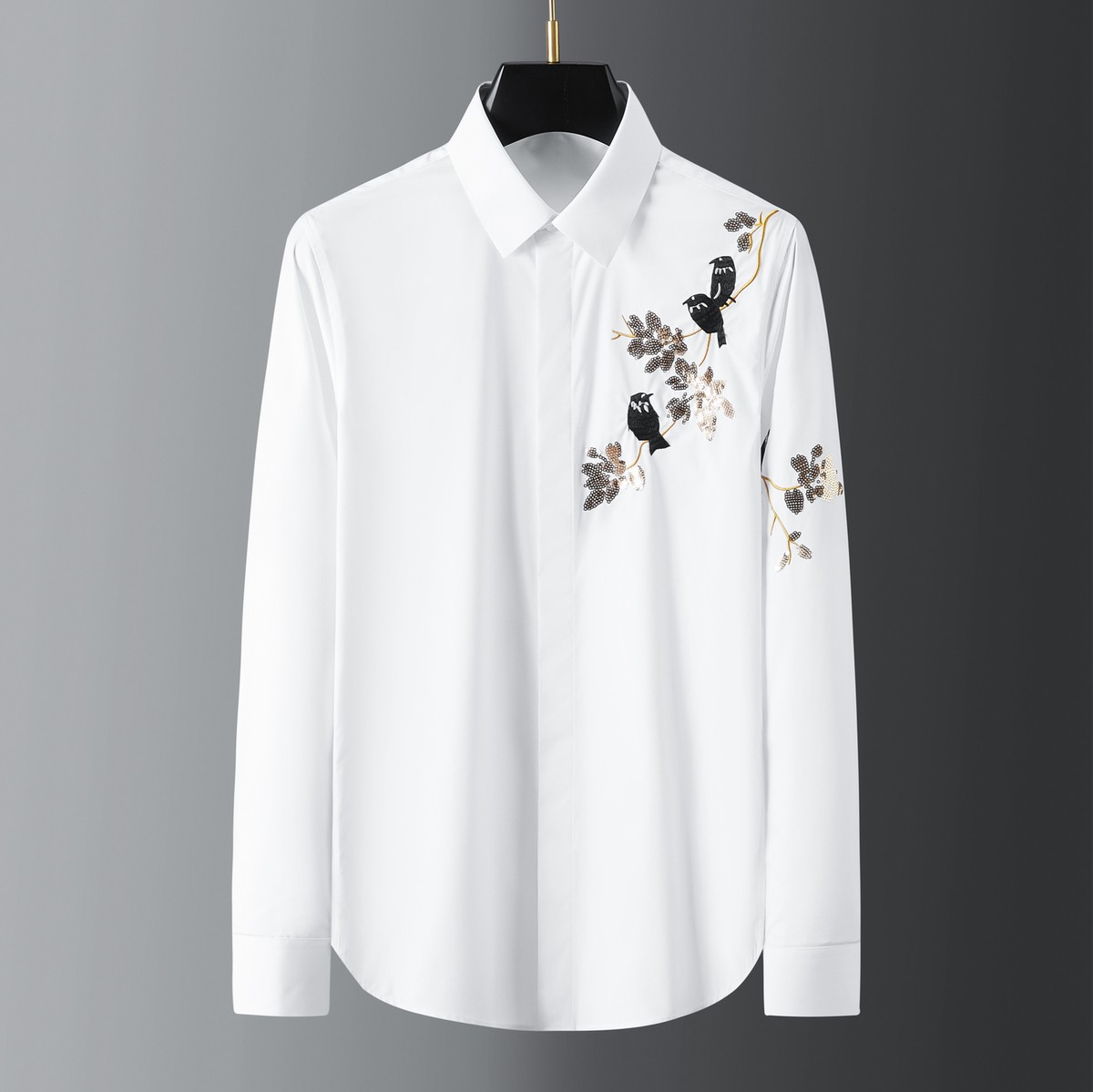 Flower Embroidery Bird Men's Long-sleeved T-shirts Casual