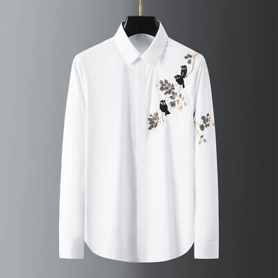 Flower Embroidery Bird Men's Long-sleeved T-shirts Casual Tops Business Slim Fit
