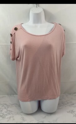 Notations Short Sleeve Top Womens L Pink Large Button Accent Blouse Shirt N