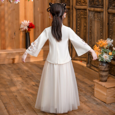 Girl Ancient Chinese Dress Tang Embroidery Flower Top Skirt Set