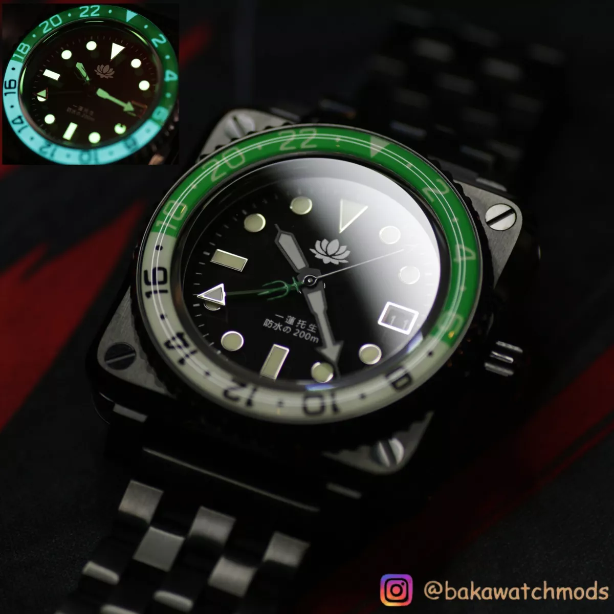 Black/Green Lotus GMT B&R Square 42mm Custom Seiko Mod (NH34 GMT Movement)