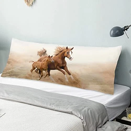 Horses Body Pillow Cover Running Horse in Desert Sand Storm