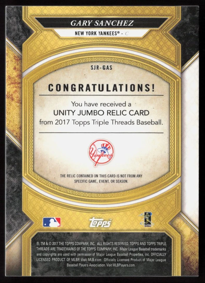 2017 Topps Triple Threads Single Jumbo Unity Relics Gary Sanchez /36 New York - Image 2 of 2