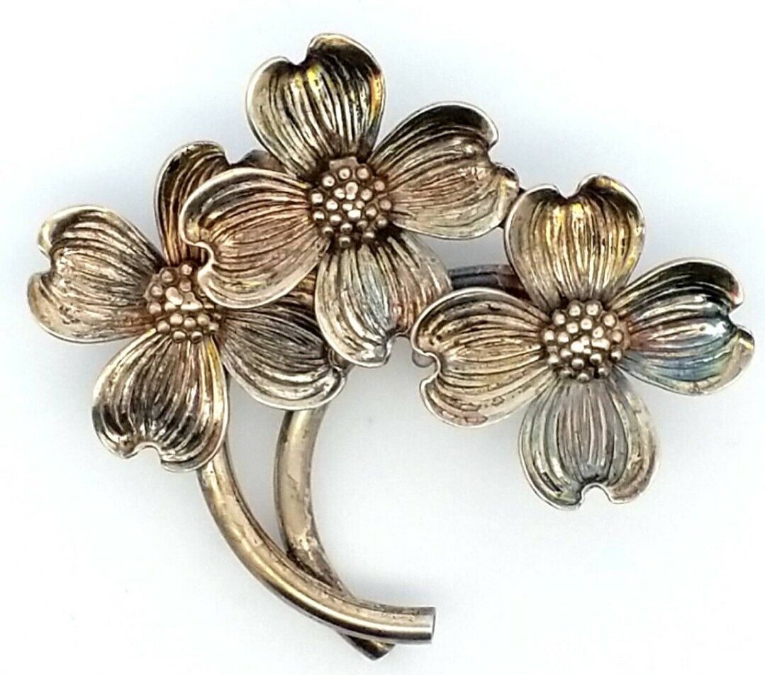 Beau Sterling Silver Vintage Dogwood Blossom Flowers Brooch