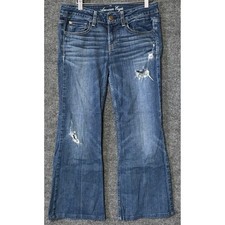 American Eagle AE Hipster Distressed Flare Jeans Blue Denim Women Size 6 Regular