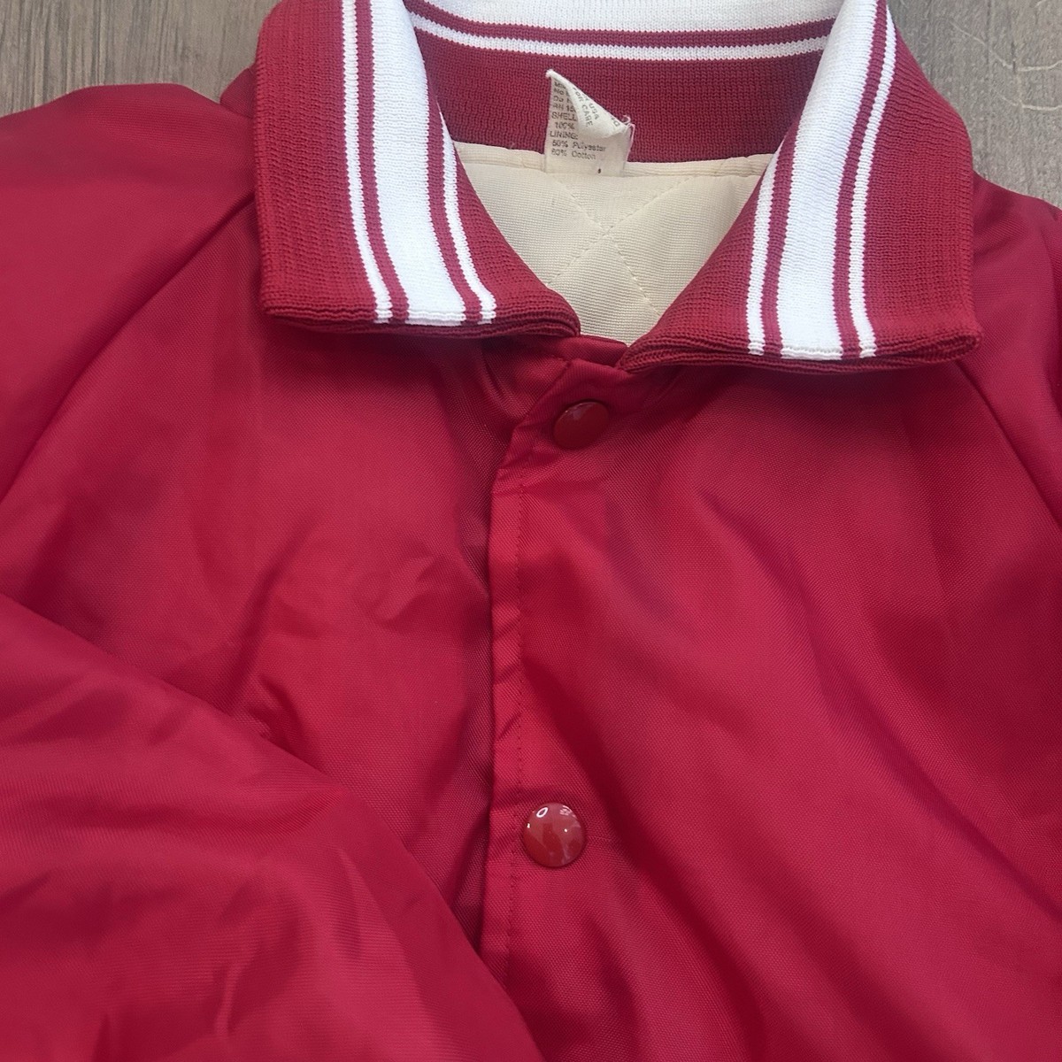 Vintage Red Satin Bomber Jacket Mens M USA Snap Front Varsity 80s