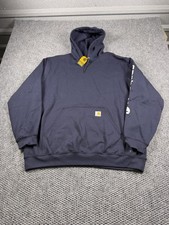 Carhartt Hoodie Mens XL Navy Blue Sleeve Logo Pullover Fleece Sweatshirt