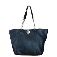 Tory Burch Britten Black Pebbled Leather Tote Bag Gold Chain Shoulder Bag Large