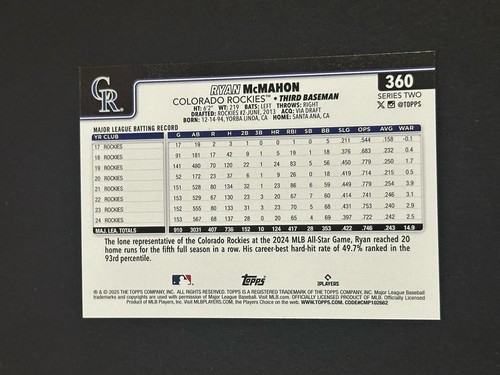 2025 Topps Series 2 Ryan McMahon #360 Colorado Rockies (W) - Picture 2 of 2
