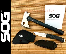 Brand New SOG Stainless Steel Camp Axe and 4" Field Fixed Knife with Sheath