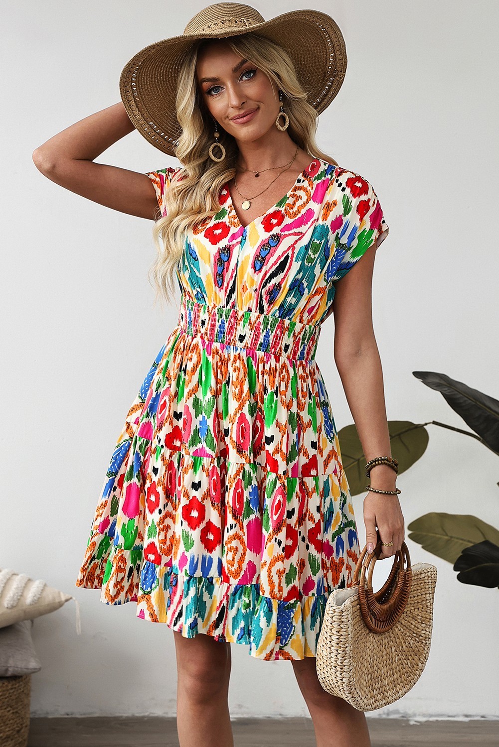 Women’s Multi Abstract Print Mini Dress V Neck Tiered Ruffle Summer Dress Size M image 7