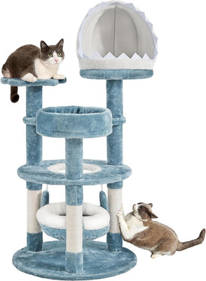 115 cm Katzenbaum mit Ozeanmotiv, Nest in Haifischmaulform, blau | mehrstufige Katze