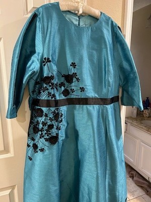 E-Shakti teal green silk dress with black embroidery, size 2X; with pockets!