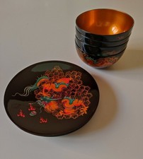 2 CIOTOLE E 2 PIATTINI ORIENTALI VINTAGE LACCATI NERO E ORO DIPINTI A MANO