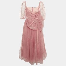 Red Valentino Pink Tulle Glittered Bow Embellished Midi Dress XS