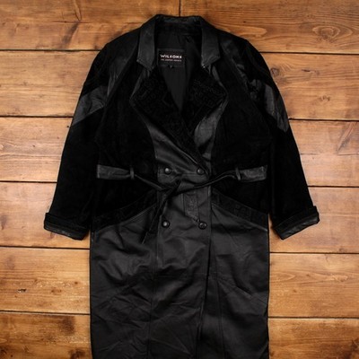 Vintage Wilsons Lederjacke M Damen 90er schwarz Wildleder Patchwork Mantel mit Gürtel