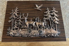 Vtg Copper on Wood 3D 15”x11” Hardboard Wall Hanging Deer Pine Trees Decor Cabin