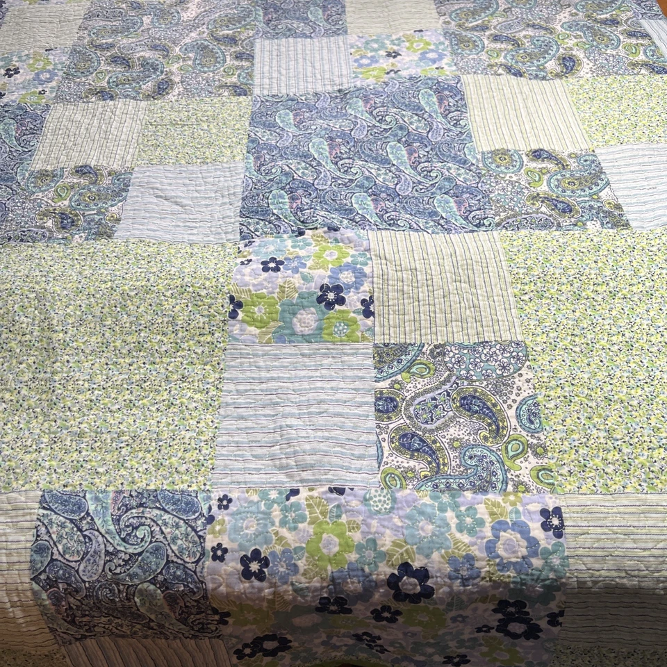 Laura Hart King Quilt Comforter 2 Shams Reversible Cotton Blue Green Cottage - Image 3 of 4