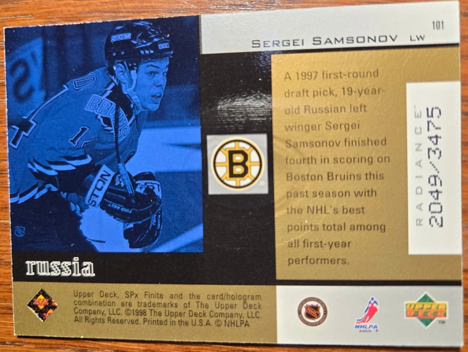 1998-99 Upper Deck SPx Finite Radiance Sergei Samsonov #101 #d/3475 Mint - Image 2 of 2