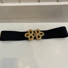 Vintage 80’s Stretch Belt Black Gold Buckle Motion Brand 27 Inch Elastic Clover