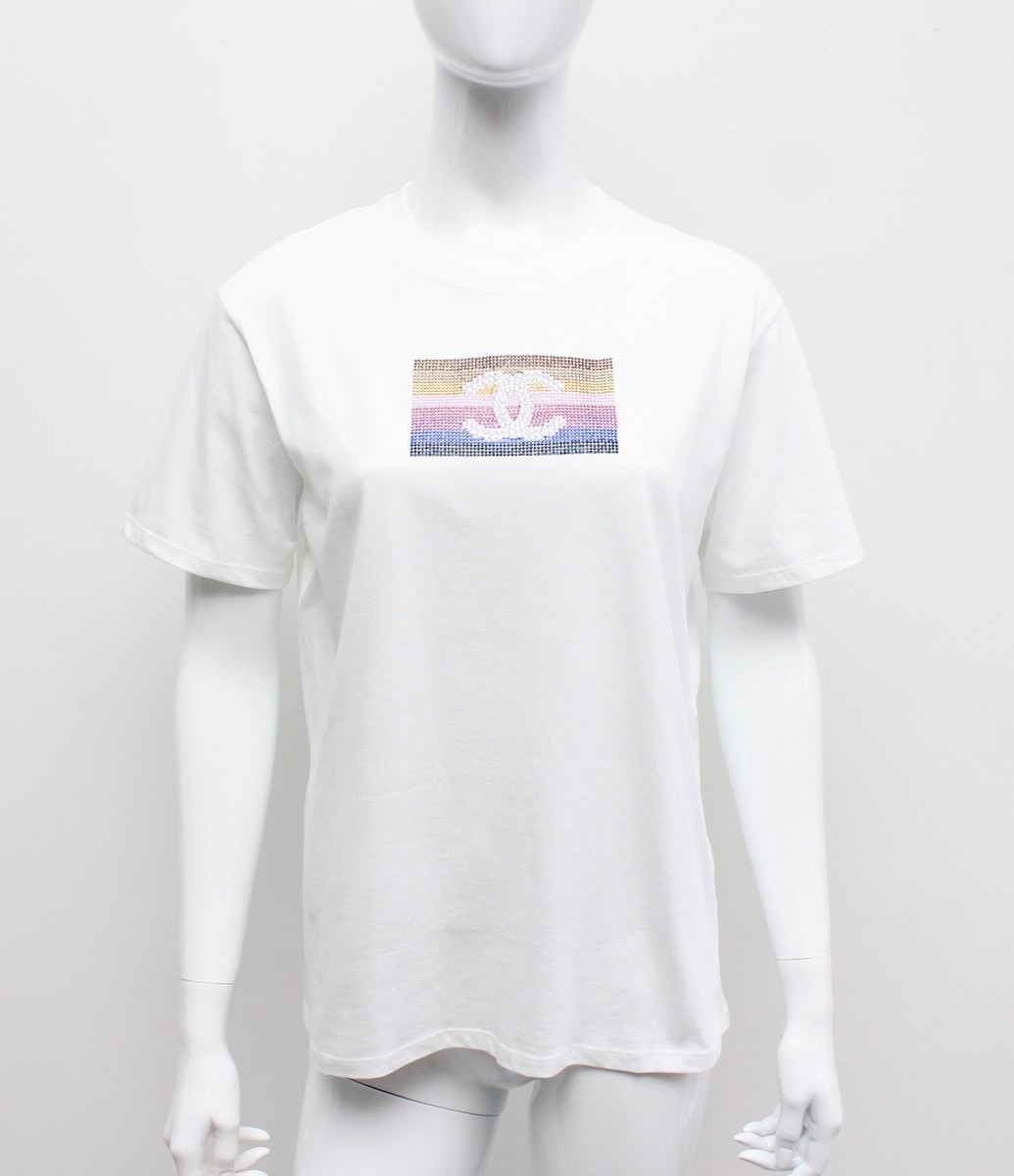 Authentic Women's CHANEL Swarovski Crystal Logo T-Shirt White made