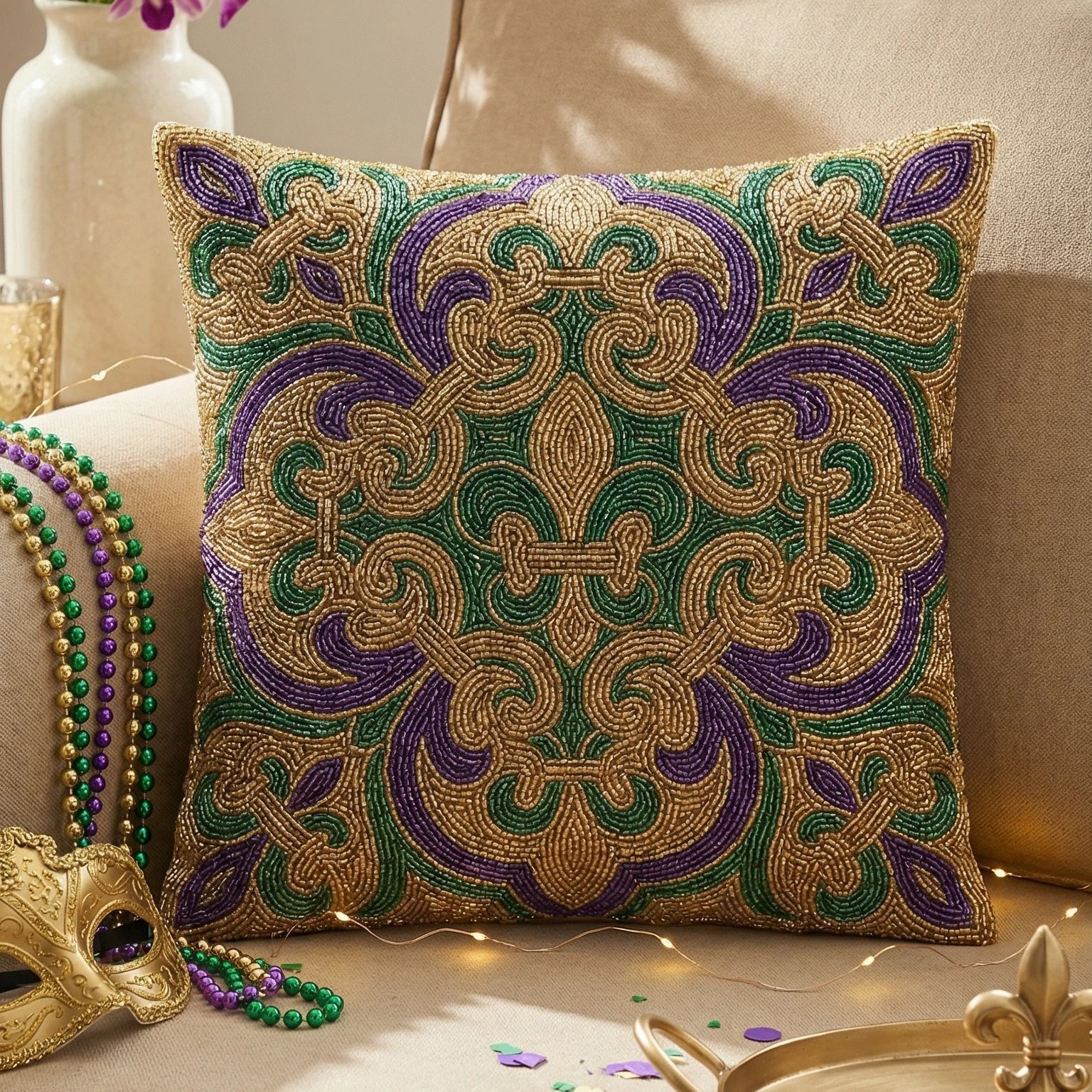 Mardi Gras Beaded Throw Pillow Cover - Fleur De Lis Decorative Accent - 16x16,