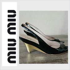 PRADA Miu Miu Womens Black Patent Open Toe Slingbacks Pumps Size 39.5