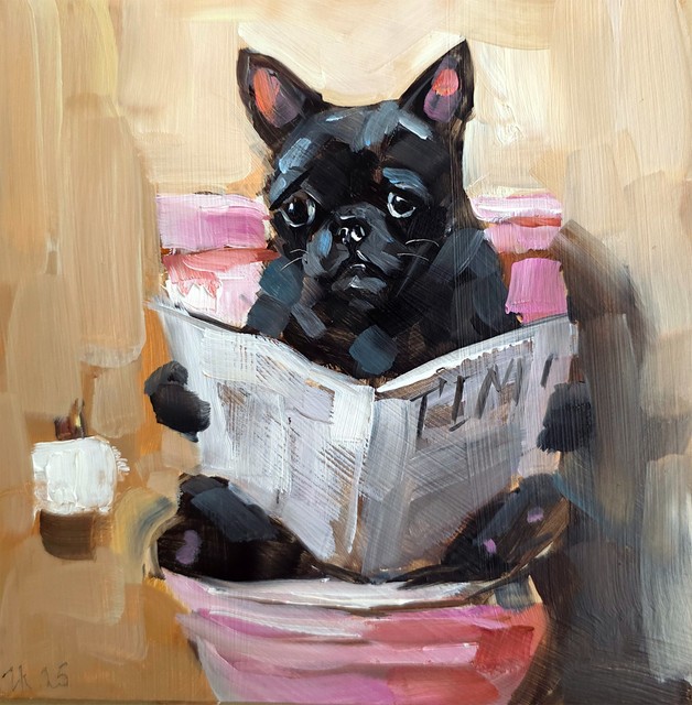 Original Oil Painting Funny Dog French Bulldog Bathroom Funny Wall Art