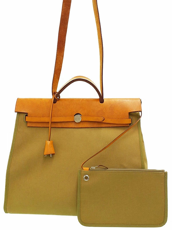 Hermes Herbag Leather Khaki Shoulder Bag Silver Hardware 2009 Women's #TB2590