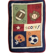 Vtg Nojo Sports Themed Plush Toddler Baby Blanket SCORE Red Trim Football Soccer