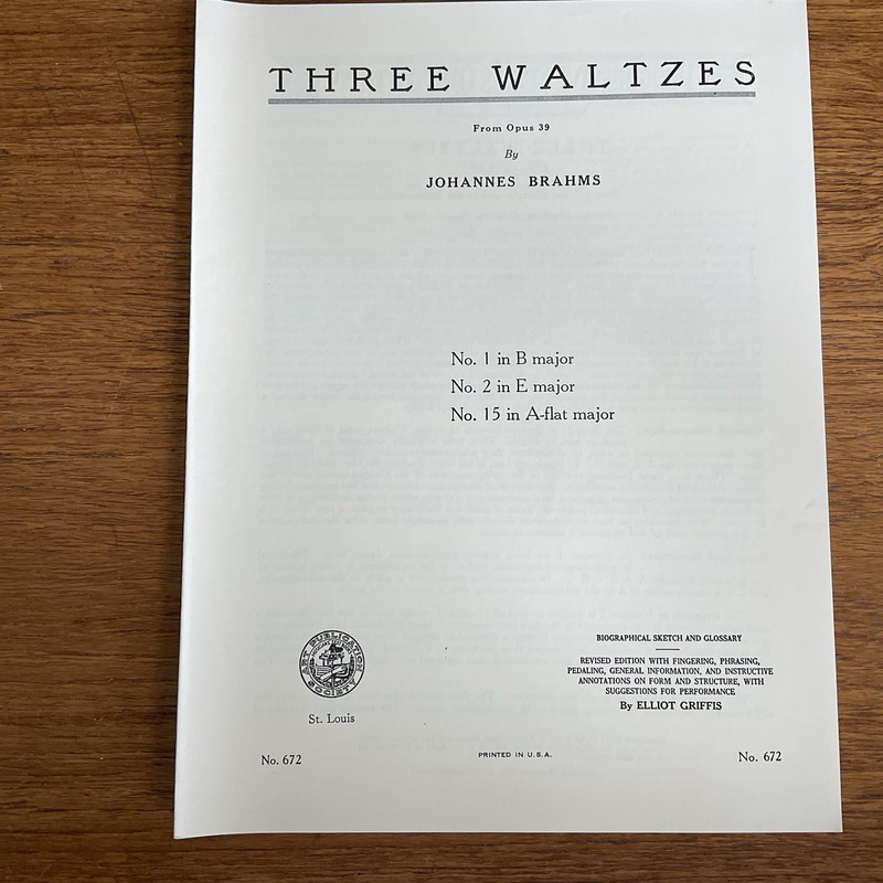 Three Waltzes~Opus 39~Brahms~Progressive 600 Series~#672~Art Publication Society