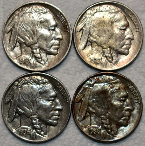 4x About Uncirculated Buffalo Nickel, 2x 1916-P & 2x 1936-P