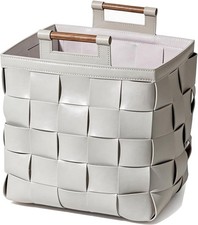 Handwoven Leather Laundry Hamper Storage Basket Grey
