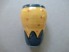 Studio Art Pottery Vase Beautiful Hand Thrown Yellow~Blue~Pink Dots Signed 5.25"