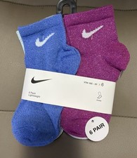 BNWT NIKE GIRLS YOUTH 6 PACK LUREX QUARTER SOCKS US SIZE 10C to 3Y