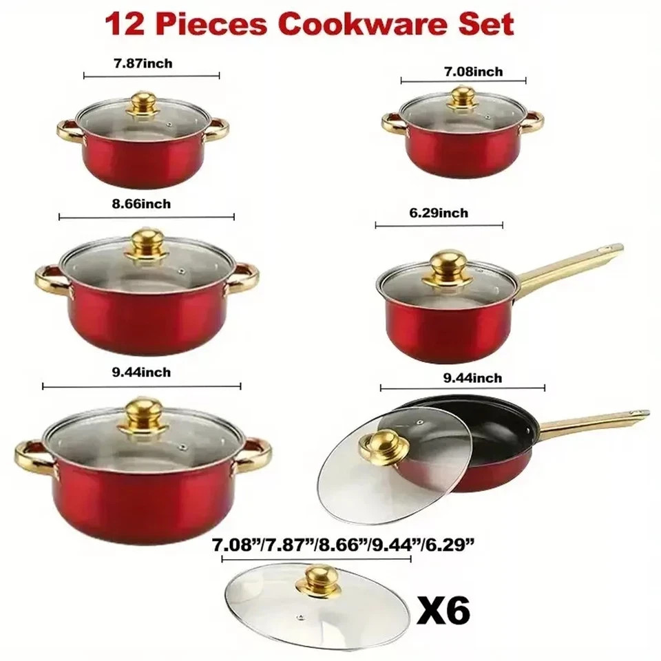 12 Piece Cookware Set Nonstick Pots and Pans Home Kitchen Cooking Non Stick, Red